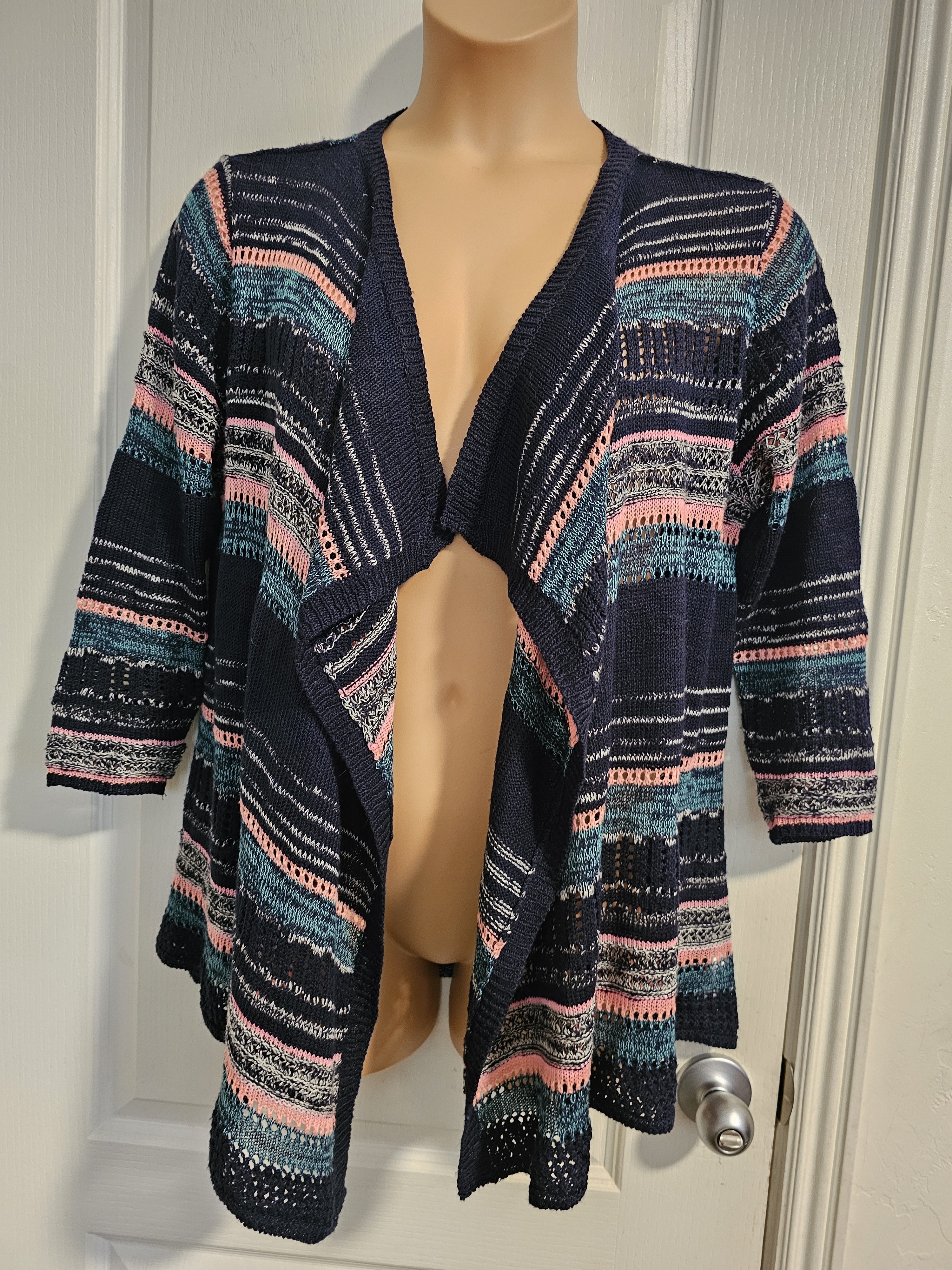 Maurices Xl Navy Crochet Open-Front Cardigan With Pink & Teal Stripes